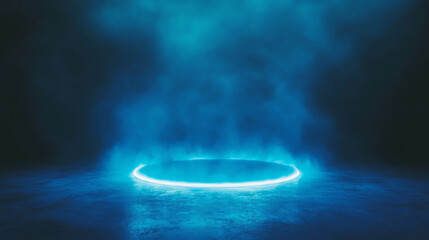 Futuristic blue light background with glowing circular portal for digital designs