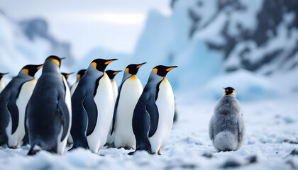 Obraz premium Group of king penguins standing on snow.