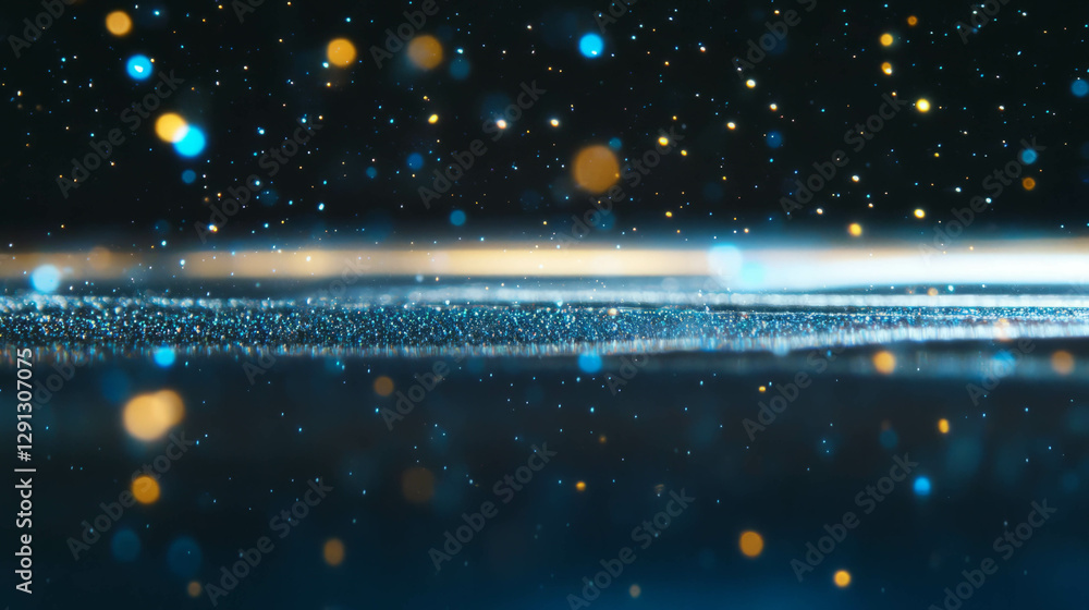 Poster magical bokeh lights reflecting on a wet surface for festive backdrop design