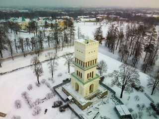 The White Tower in Alexander Park in winter from a height