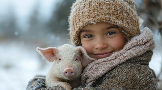Child joyfully holding a piglet in wintry landscape, showcasing warmth and connection amidst gentle snowfall