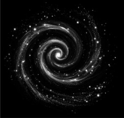 Vector illustration of a mesmerizing spiral galaxy, composed of white dots on a black background. The design radiates cosmic beauty and mystery, capturing the essence of the universe's swirling energy