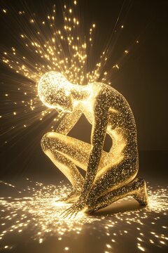 Futuristic sculpture of a kneeling figure radiating light and energy in a dark space