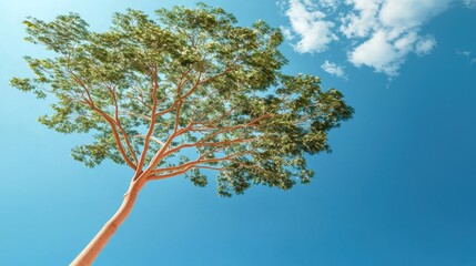 A tall tree with a light brown trunk and green leaves reaching towards the sky.