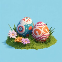 A cartoon-style icon of two Easter eggs with flowers on the grass in pastel colors.