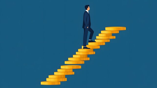 Economic advancement scene, corporate figure climbing a structured coin stairway, minimalist flat vector