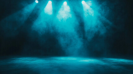 Dramatic blue spotlight on stage with dark atmospheric background