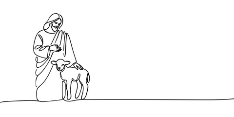 continuous drawing of Jesus Christ with a lamb. one line vector illustration of Jesus Christ with a lamb in his hands