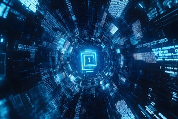 Fototapeta premium Glowing Lock Symbol in Digital Space Data Tunnel Perspective View