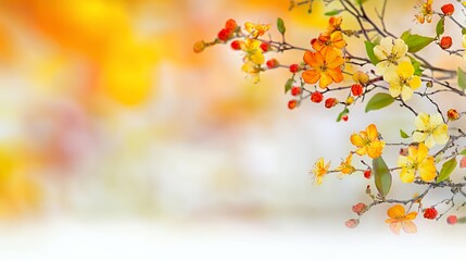 Orange And Yellow Blossoms On Branch Soft Focus Background