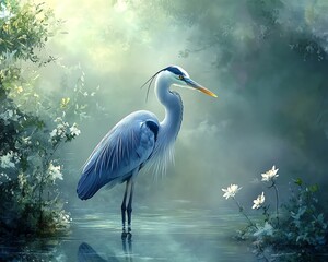 Fototapeta premium A majestic blue heron in the midst of a verdant marsh, radiating divine grace, with its focused gaze and shimmering reflection creating a tranquil, ethereal atmosphere