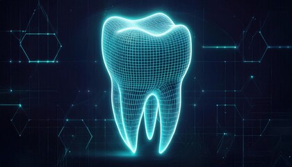 A glowing, grid-like tooth design showcases advancements in dental technology.