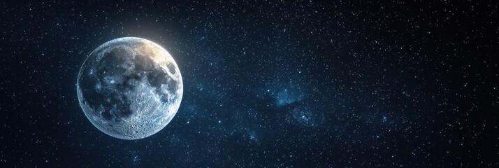 Naklejka premium 3d background minimalistic mockup with space for text, realistic night sky full of bright stars and a glowing full moon