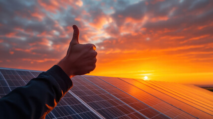 A hand is raised with a thumbs up gesture, silhouetted against a stunning sunset over solar panels capturing the evening glow