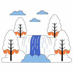Waterfall Illustration: Minimalist Nature Scene, Blue & Orange.