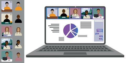 Video call conference working from home Colleagues of different nationalities and ages talk to each other on the laptop screen Isolated illustration on white background in flat style trendy colors