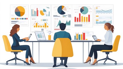 Business team analyzing success graphs on a bright workspace, efficiency-driven environment, clean vector art