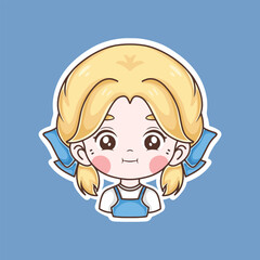 Cute cartoon girl with blond hair, vector illustration isolated on blue background.