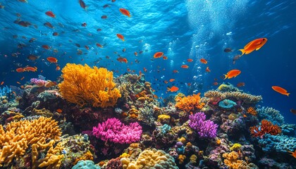 A lively coral reef with schools of fish and a wide variety of species, forming an active and colorful underwater neighborhood, where marine life thrives