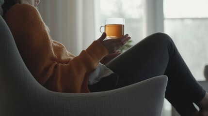 Hypertension patient enjoying a relaxing tea break in a minimalist living room. Featuring stress relief and wellness