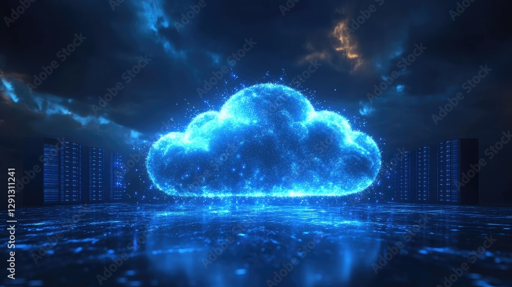 Aufkleber A glowing blue digital cloud hovering over a futuristic data center with illuminated servers. Perfect for cloud computing, cybersecurity, and technology infrastructure concepts