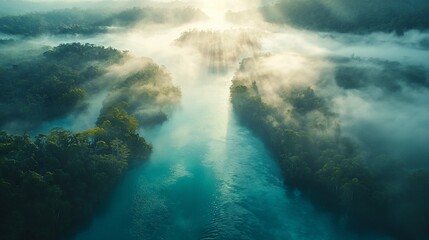 Fototapeta premium River flows through misty forest at sunrise for travel, wallpaper, nature scenery uses
