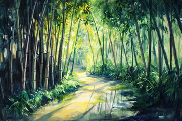 A peaceful bamboo forest with towering green stalks filtering sunlight, casting long, dappled shadows. The quiet atmosphere is enhanced by a small stream winding through the scene, reflecting the sky.