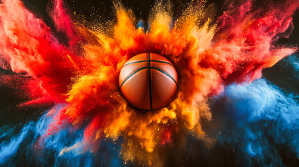 Fototapeta premium A basketball ball at the center of colored dust explosion.