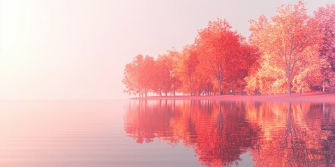 3d background minimalistic mockup with space for text, peaceful lake reflecting autumn trees in vibrant orange and red hues