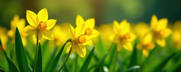 Obraz premium Row of bright yellow flowers with glistening water droplets on the leaves, yellow, plants