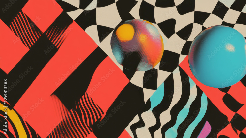 Poster Vibrant checkerboard pattern with bold colors and abstract geometric elements