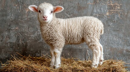 Obraz premium Cute and fluffy young sheep standing on straw with a charming expression against a textured gray background