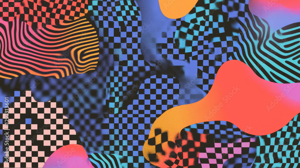 Aufkleber Vibrant abstract background with checkerboard patterns and colorful squiggles for artistic design