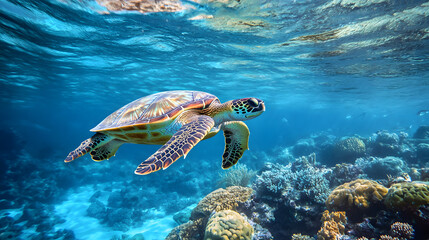 Fototapeta premium A sea turtle swimming gracefully in the clear blue ocean, surrounded by coral reefs and marine life 