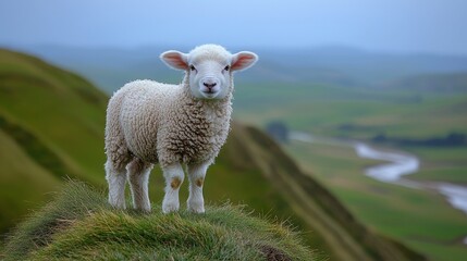 Obraz premium Adorable young lamb standing on a grassy knoll overlooking lush green hills and a winding river in the distance.