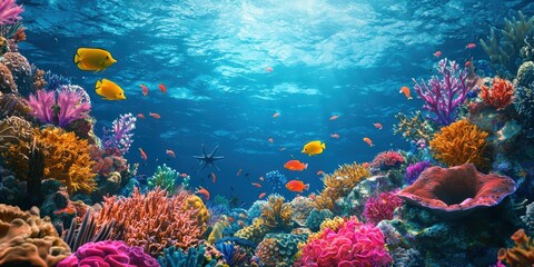 Naklejka premium 3d background minimalistic mockup with space for text, colorful coral reef with vibrant marine life swimming through