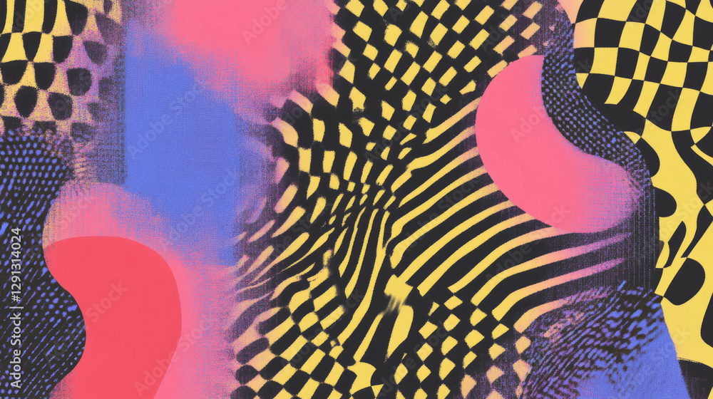 Aufkleber Abstract checkerboard and squiggle pattern with vibrant colors for artistic background design