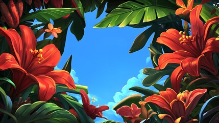 Vibrant Red Tropical Flowers and Lush Green Leaves Frame Bright Blue Sky