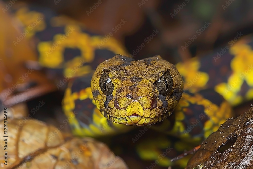 Poster a close-up of a vibrant yellow and black snake blending into its natural environment, showcasing its
