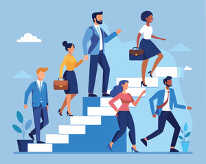 A vector illustration in flat style showing a group of diverse people in business outfits walking up the steps, following a leader who is looking ahead. The people are diverse in terms of gender and e