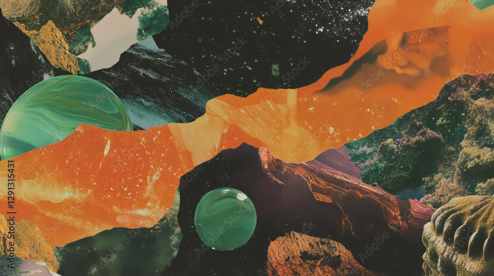 Poster abstract collage of natural elements with colorful cosmic scene for artistic design