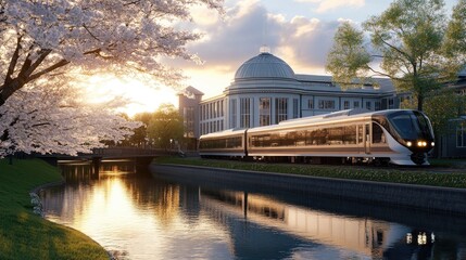 Obraz premium Springtime brings cherry blossoms at sunrise, creating a beautiful reflection in the river with an iconic building in the backdrop