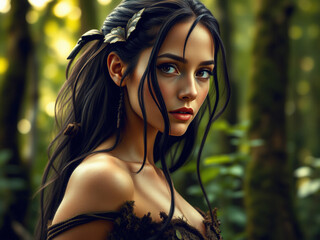 Hübsche Waldkriegerin im goldenen Licht