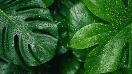 Fototapeta premium Wet monstera deliciosa leaves covered in fresh water droplets in a tropical garden.