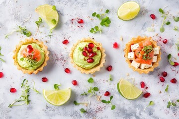 Artistic flat lay with three mini tartlets on a light grey textured background: avocado lime mousse, cream cheese with salmon and pomegranate seeds, and kimchi with tofu and microgreens.
