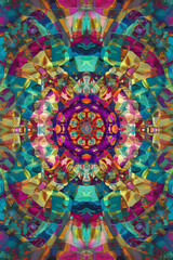 Naklejka premium A mesmerizing kaleidoscope pattern with intricate symmetry and vibrant, jewel toned colors, creating a dynamic and engaging effect.