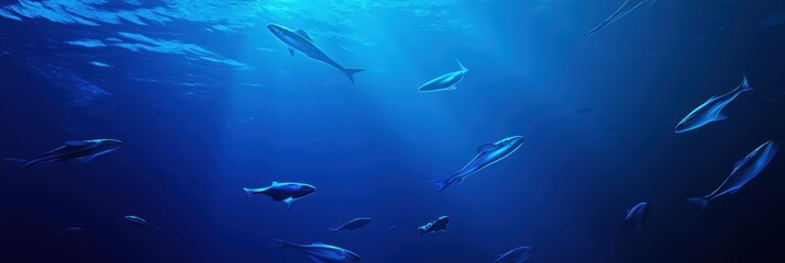Obraz premium 3d background minimalistic mockup with space for text, glowing fish swimming through a deep blue gradient