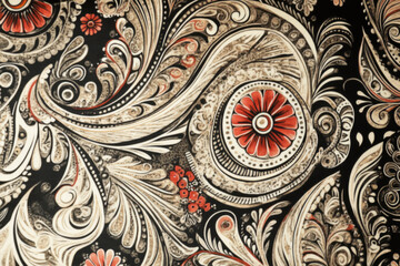 A bohemian paisley print with warm earth tones, intricate swirling patterns, and floral details. The illustration evokes a free spirited, artistic vibe, making it ideal for modern fashion trends.