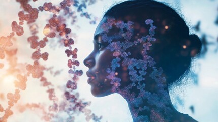 Profile of a woman with a molecular overlay, symbolizing science and innovation in a serene environment