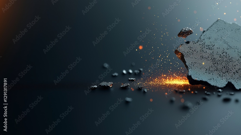 Poster abstract fragments of metallic surfaces with glowing particles in a dark background for creative des
